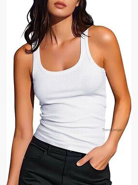 Fitted Cotton Ribbed Tank Top Sleeveless Scoop Neck Basic Cami